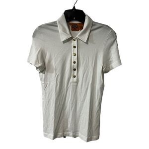 Tory Burch White Gold Buttons Pima Cotton Polo T-shirt, Size S.